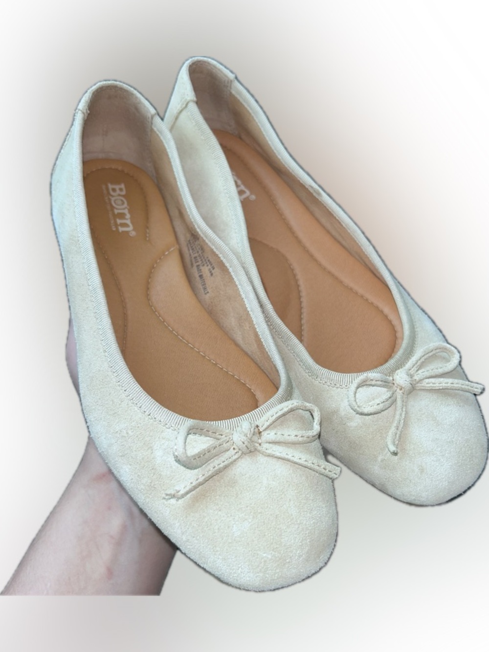 Born Brin Cream Tan Suede Ballet Flats  Bow 6.5